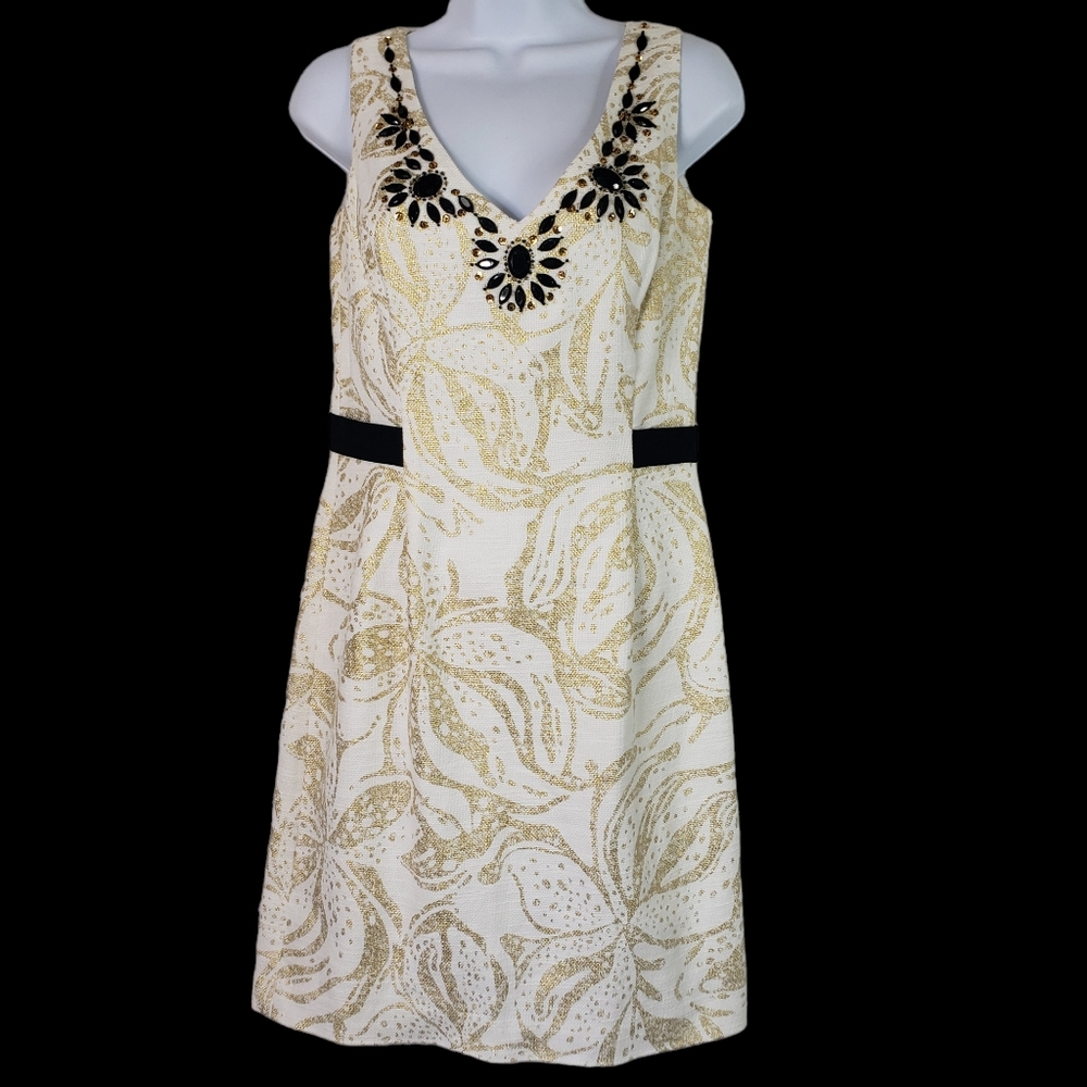 Lilly Pulitzer Laidley Gold Metallic V neck-back Embellished Jewels Sz 8 Sheen